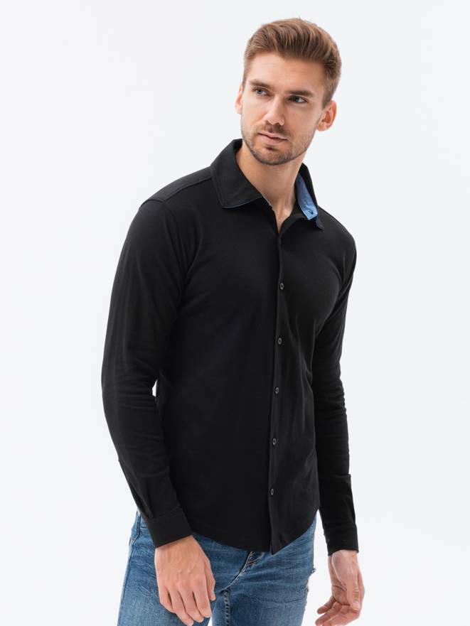 Pánska pletená košeľa s dlhým rukávom - čierna V4 K540