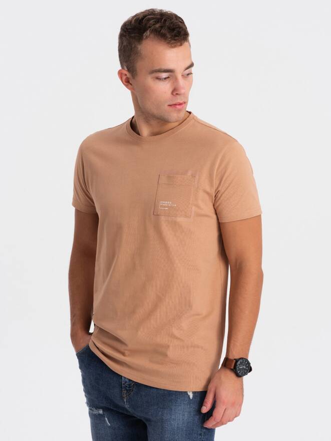 Pánske bavlnené tričko s vreckom - svetlohnedé V7 OM-TSPT-0154