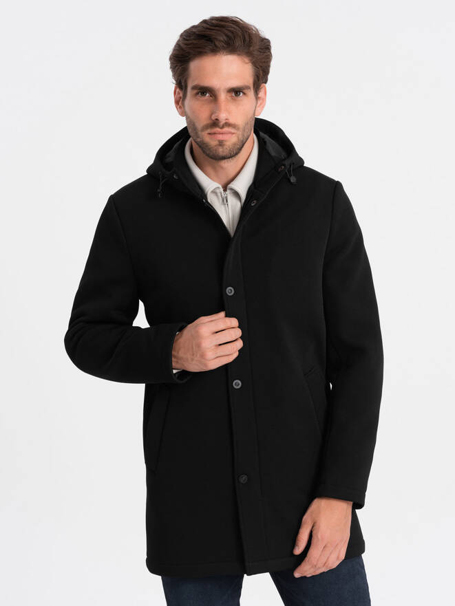 Pánsky zateplený kabát s kapucňou a skrytým zipsom - čierny V1 OM-COWC-0110